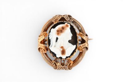 BROCHE camée agate en or jaune 750 millièmes à profil fémini…