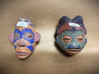 two masks that are sitting on a brown surface