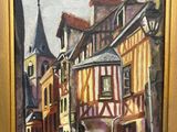 painting of a street scene with a horse and carriage in front of a building