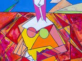 abstract painting of a woman in a red dress with a bird in her hand