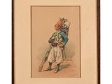 an old picture of a man in a blue uniform holding a baseball bat
