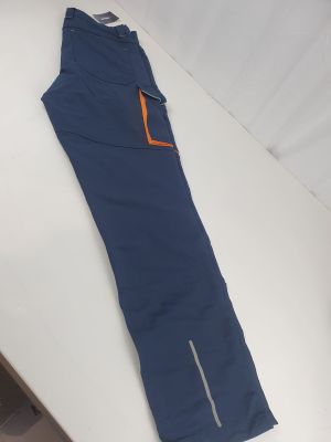 the pants are blue and orange with a zipper at the bottom