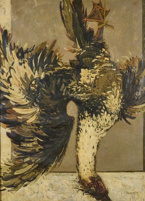 une image représentant un tableau d'un coq portant une couronne sur la tête