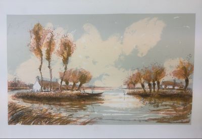 une photo d'un tableau représentant une rivière et des arbres