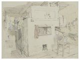 drawing of a drawing of a kitchen with a stove and a chair
