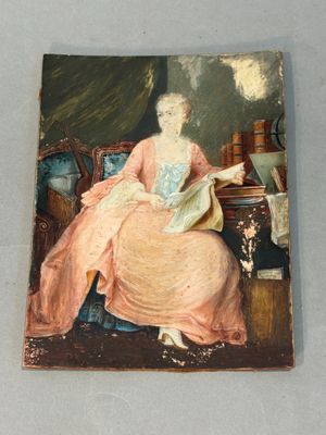 un vieux tableau représentant une femme assise sur une chaise en train de lire un livre