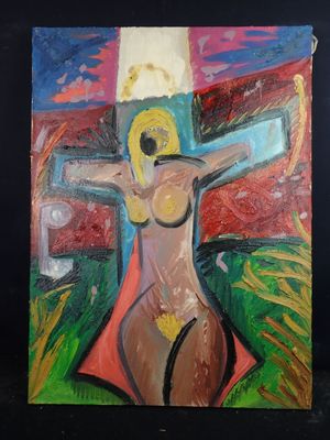 an oil painting of a woman with a cross on a black background