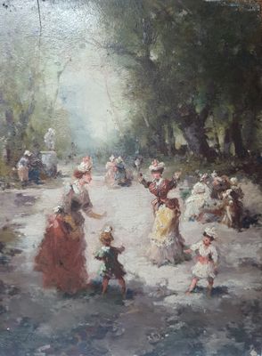 un tableau représentant un groupe de personnes se promenant dans un parc