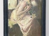 une peinture à l'huile représentant une femme assise sur le rebord d'une fenêtre, tenant une fleur