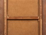 an oil painting of a wooden frame with a label on it
