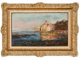 une peinture à l'huile représentant une vue de plage avec un château en arrière-plan