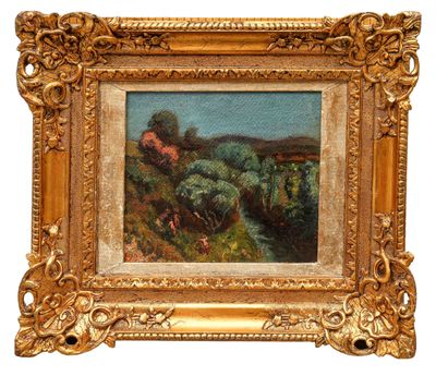 an oil painting of a landscape in a gold frame on a white background