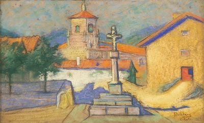 an image of a painting of a building with a clock tower in the background
