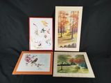three framed paintings of birds and trees on a black background