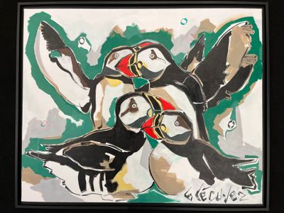 a painting of two birds that are sitting on the ground