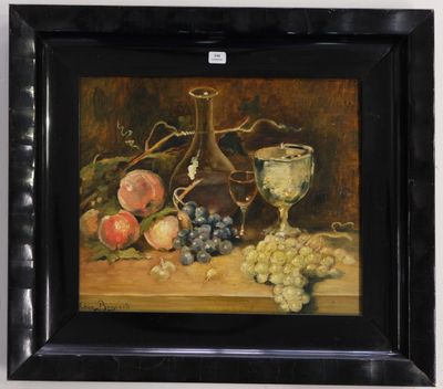 painting of a still life of fruit and a wine glass on a table