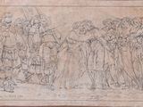 a drawing of a group of people standing in front of a wall
