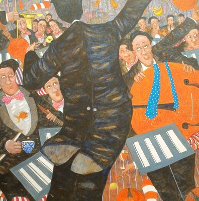 un tableau représentant un homme tenant un micro devant une foule de personnes
