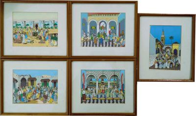 four framed pictures of a group of people on a street