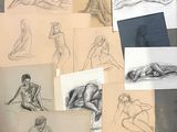 many sketches of a woman laying on the ground
