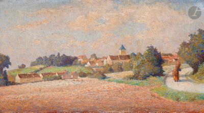 an image of a painting of a rural landscape with a person walking on a path