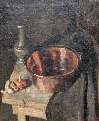 painting of a still life with a copper pan and a silver vase