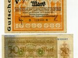 deux anciens billets de banque allemands comportant des inscriptions en allemand