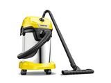 un aspirateur jaune muni d'un tuyau noir sur fond blanc