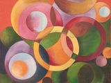an oil painting of a bunch of different colored circles on a red background