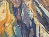 an oil painting of a mountain with a valley in the background