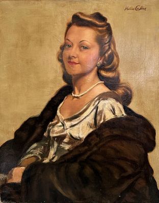 painting of a woman in a fur coat and pearls in her hair