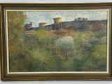 an oil painting of a train on a track in a field