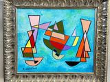 peinture représentant un voilier et un autre voilier sur fond bleu