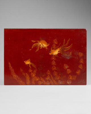 painting of goldfishs in a pond of water on a red background