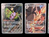 Quatre cartes Pokémon différentes sont alignées sur un fond noir