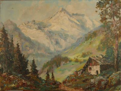 une image représentant une peinture d'un paysage de montagne avec une maison au premier plan