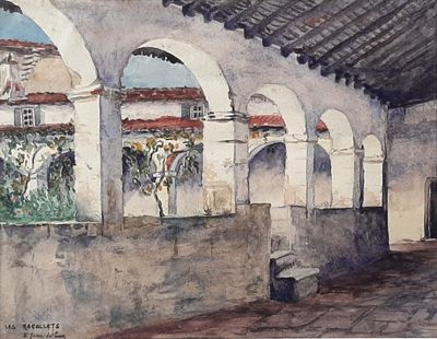 a watercolor painting of a building with arches and windows