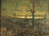 tableau représentant un tableau d'un arbre dans un champ, avec le ciel en arrière-plan