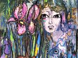 a painting of a woman with flowers in a vase