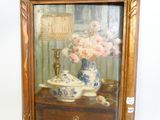 a painting of flowers in a vase on a table