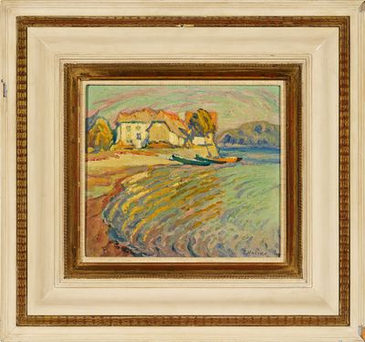 un tableau représentant une maison sur une plage, avec un bateau dans l'eau