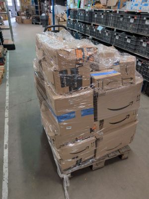 a cart full of boxes in the middle of a store aisle