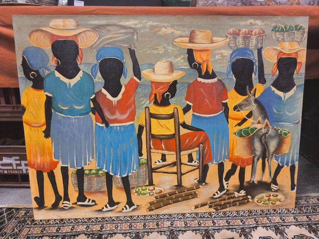 École Haïtienne « personnages en bord de mer ». Huile ou acryliqu...