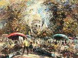 a painting of people walking down the street with umbrellas