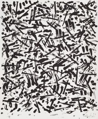 a black and white painting with lots of writing on it