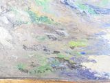 a painting of a man riding a surfboard on the beach