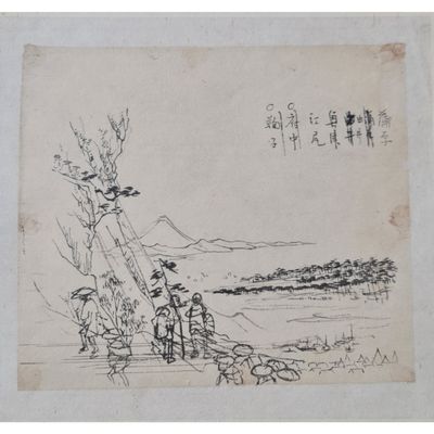 an ink drawing of a group of people standing on a beach