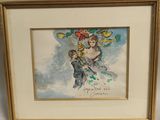 tableau représentant une femme avec des fleurs, dans un cadre doré accroché au mur