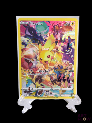 the pokemon card is displayed on a stand in front of a black background