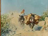 an oil painting of two men riding horses on a dirt road